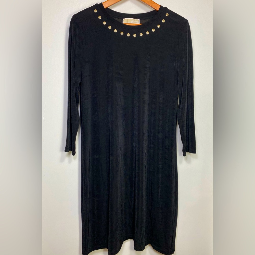 Michael Kors Gold Studded Detail Stretch Black Long Sleeves Women’s Midi Dress L